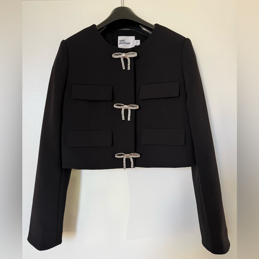 Self-Portrait Black Cropped Blazer with Embellished Bows